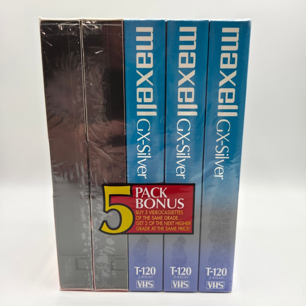 NEW SEALED Maxell VHS Blank Tapes 5 Pack Multi T-120‎ GX-Silver HGX-Gold 6 hour